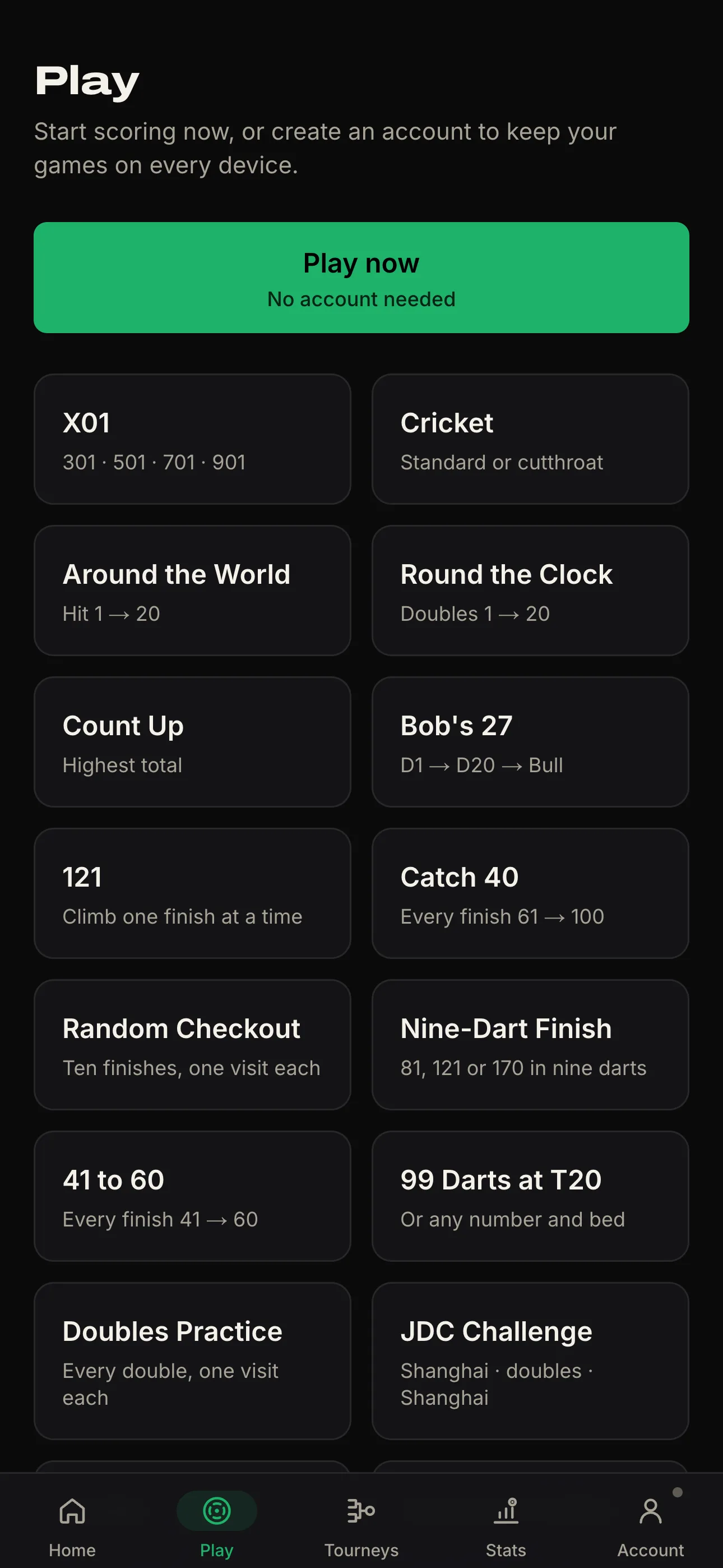 Play page listing X01, Cricket, practice drills, and party games