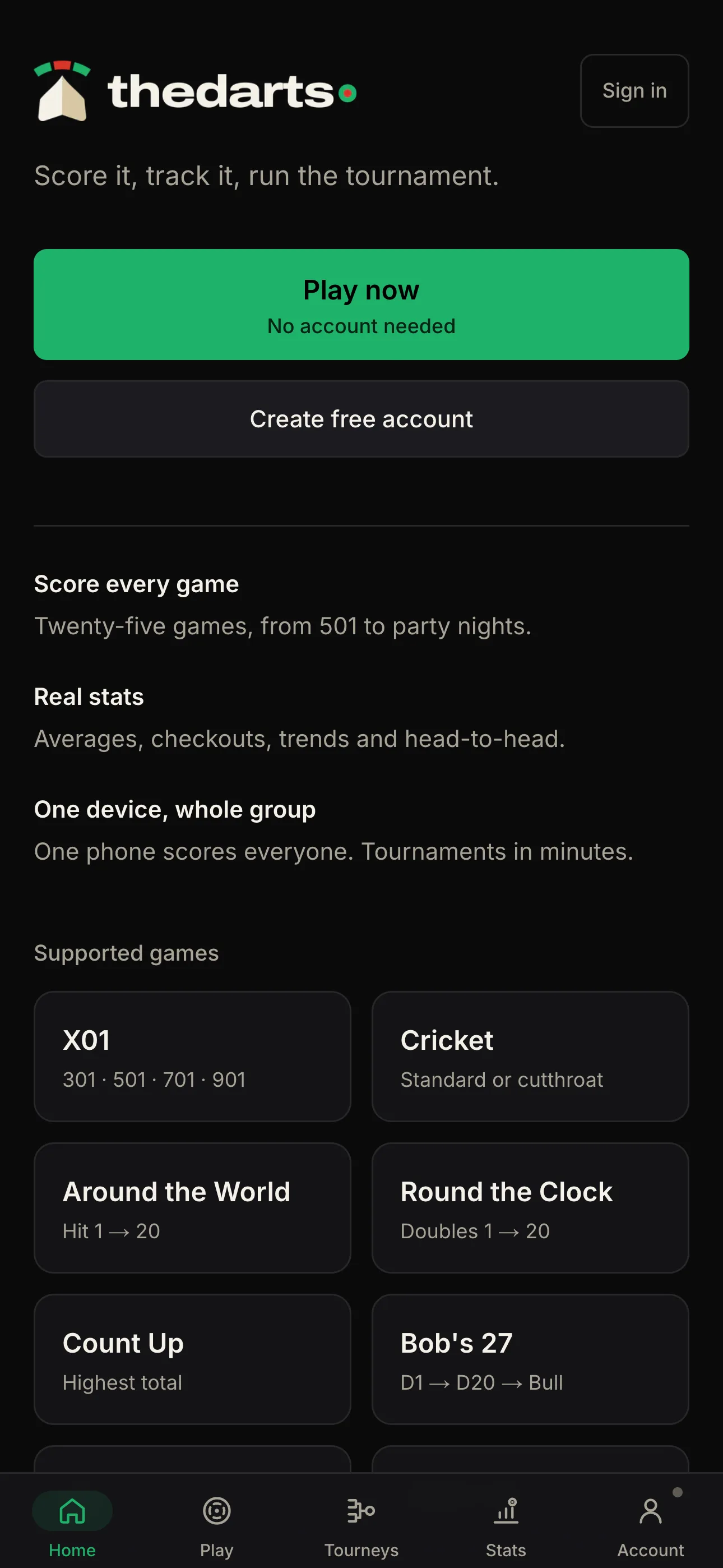 Home screen with Play now, the main features, and the supported games
