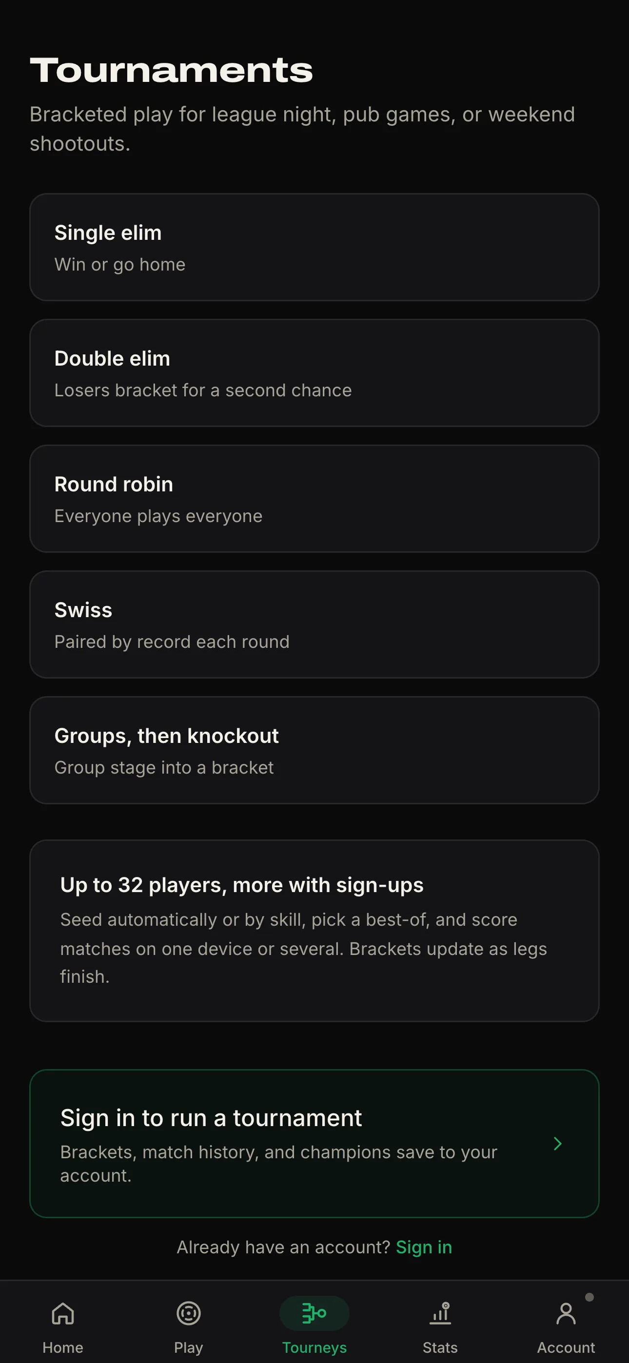 Tournament formats: single elimination, double elimination, round robin, Swiss, and groups