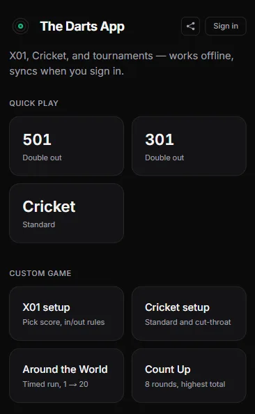 Quick play screen with 501, 301, and Cricket
