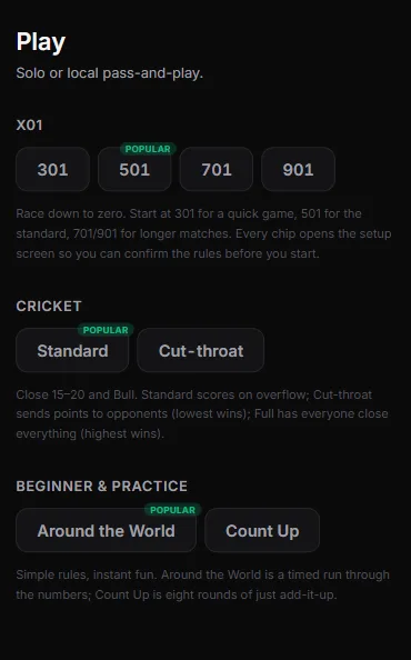 Play page showing X01, Cricket, and beginner games