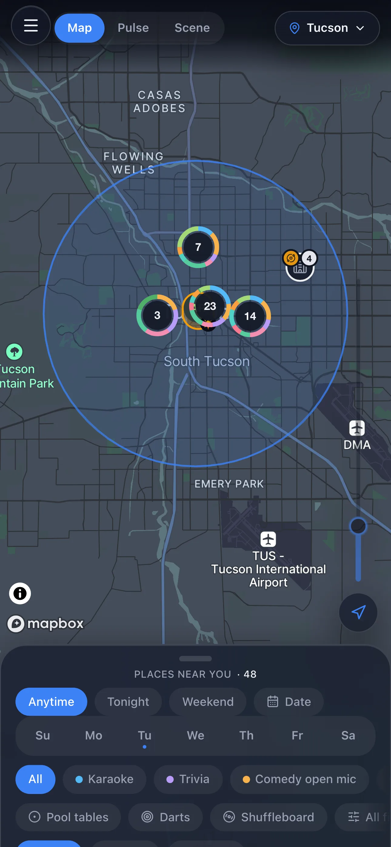 Map of nearby venues and events with filters for karaoke, trivia, darts, and pool