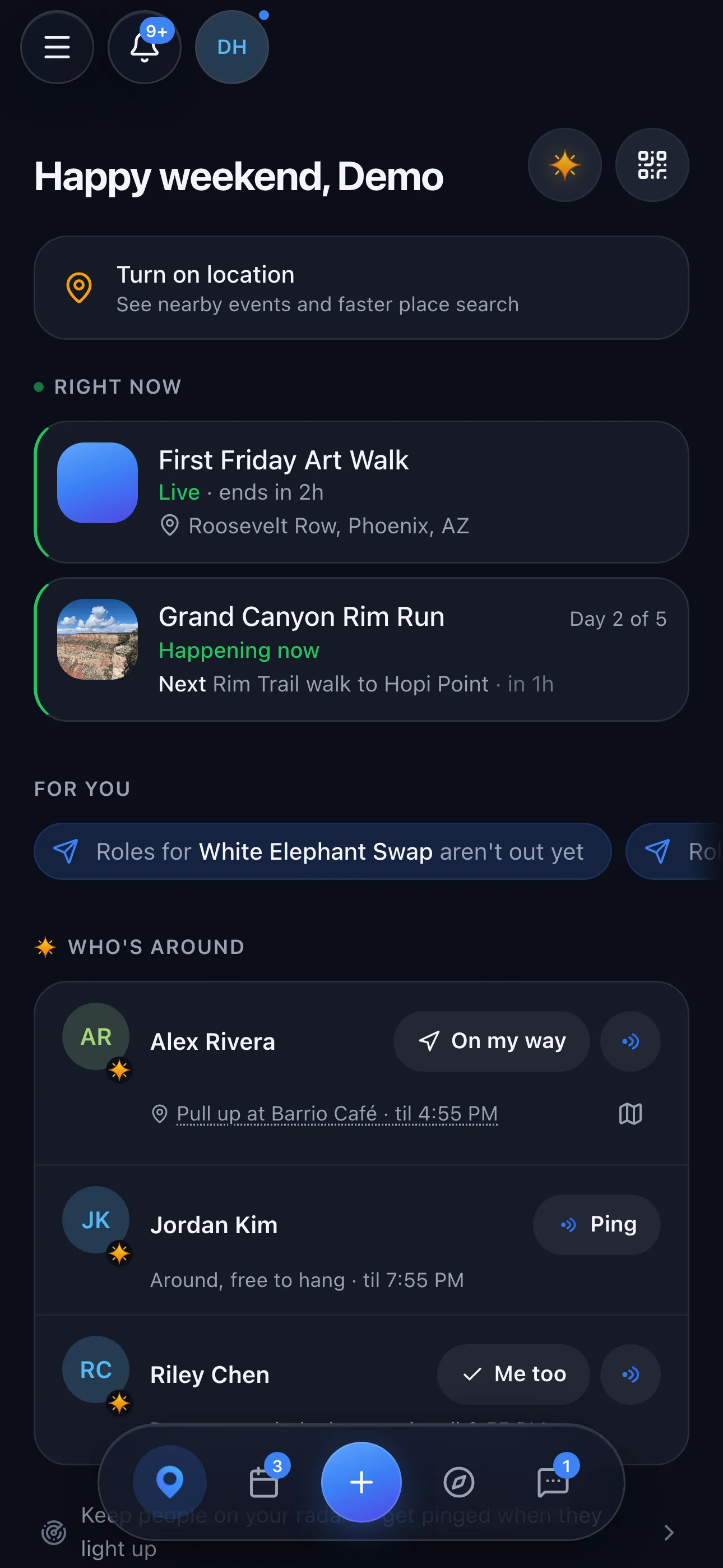 Home screen showing live events, suggestions, and who is around right now