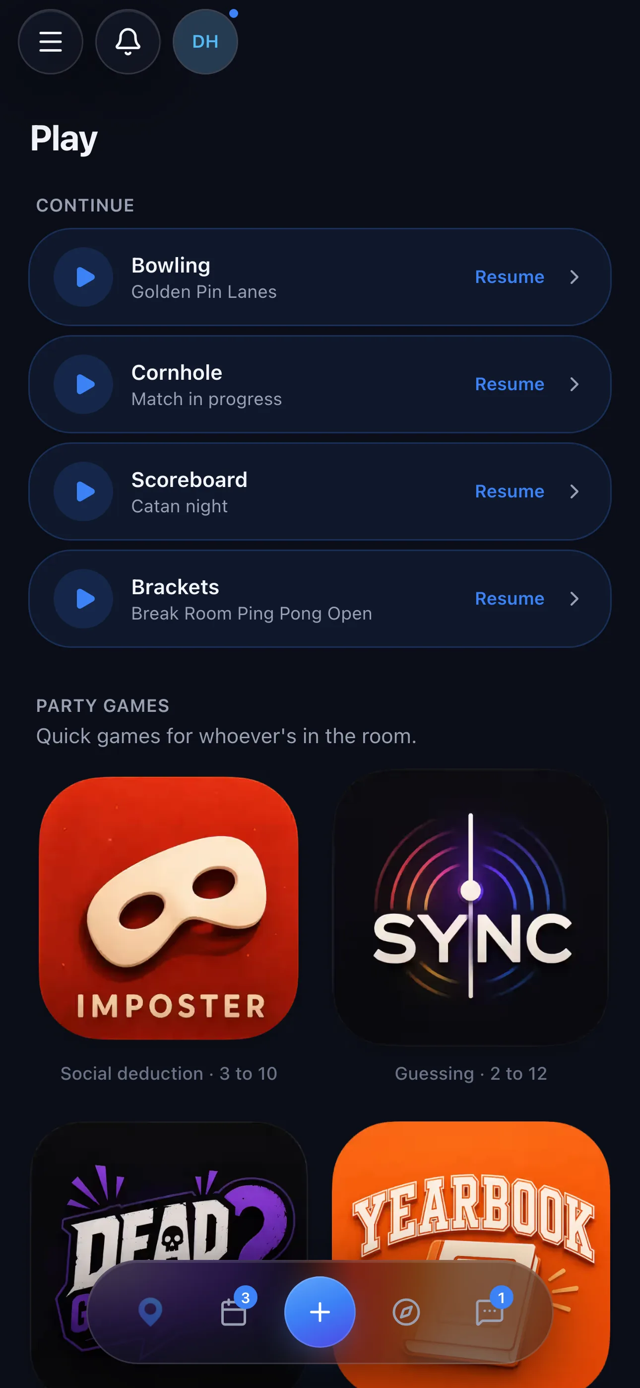 Play hub with games in progress, party games, and score trackers