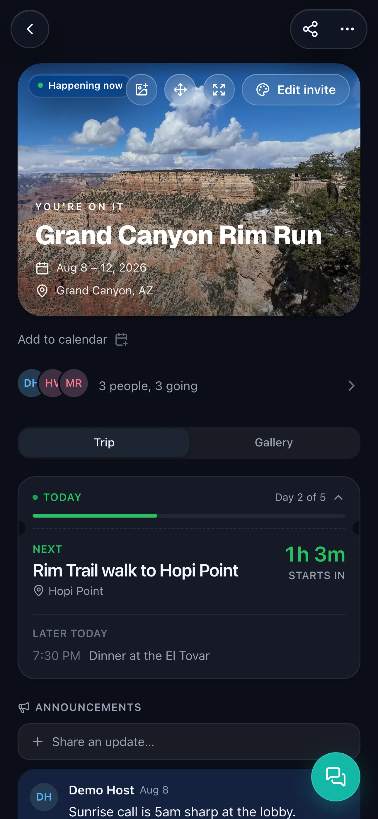 Multi-day trip page with the day itinerary, crew, and announcements