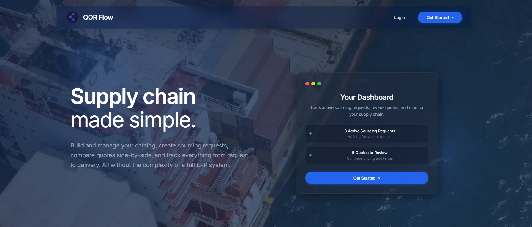 QOR Flow landing page with dashboard preview