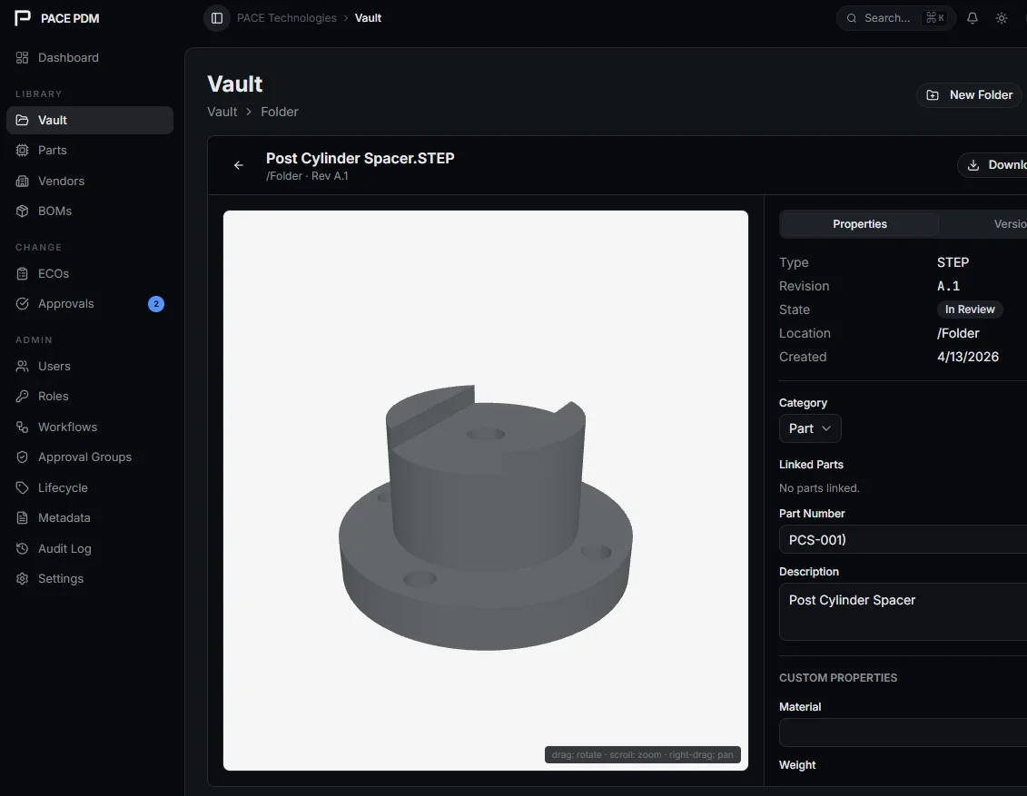 3D STEP file preview inside the Vault